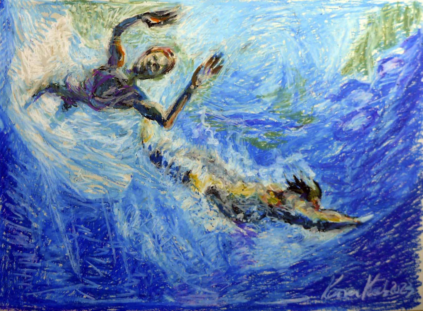 Der Sprung ins Wasser, Pastell auf Karton, 59 x 42 cm